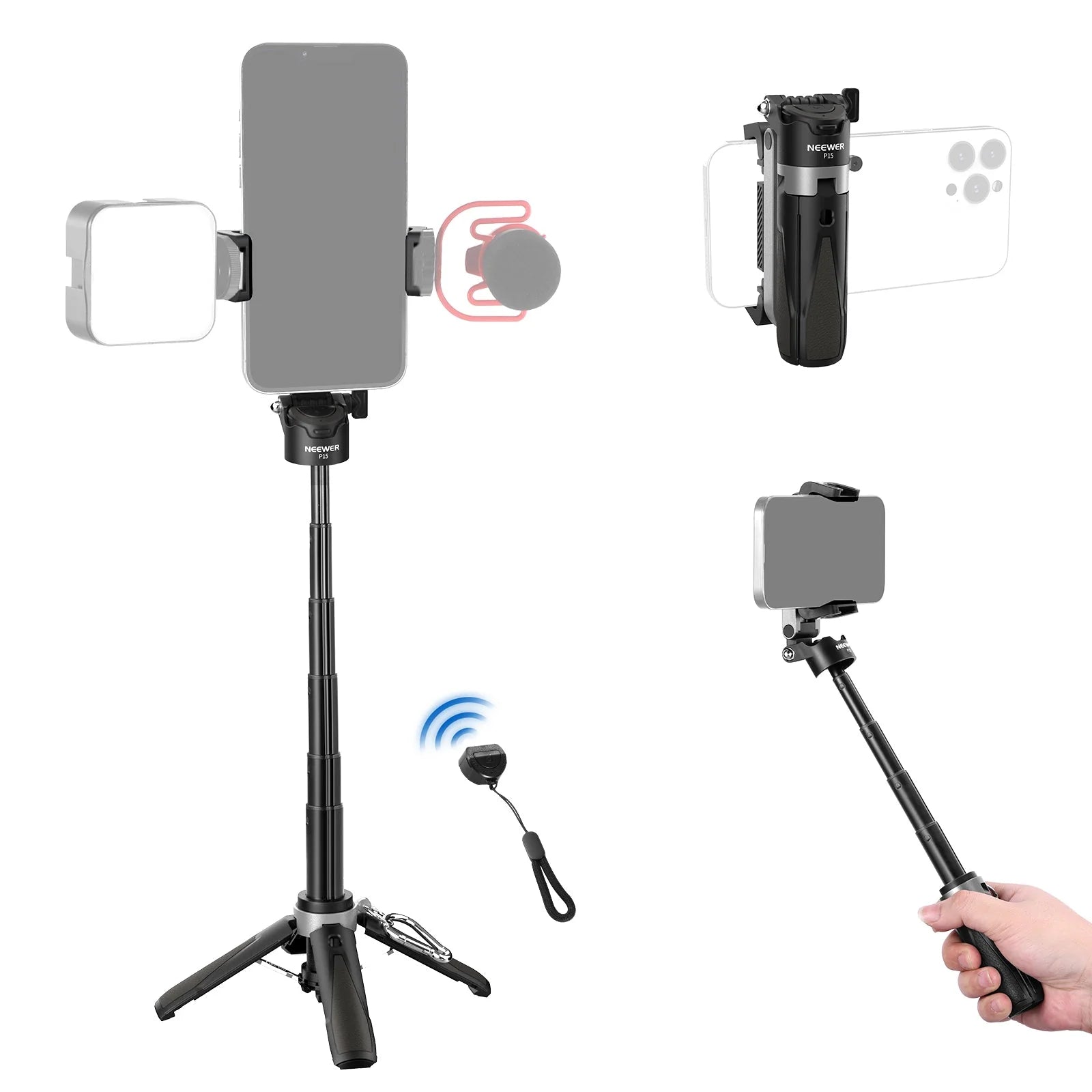 NEEWER P15 Foldable Selfie Stick Tripod with Bluetooth Remote