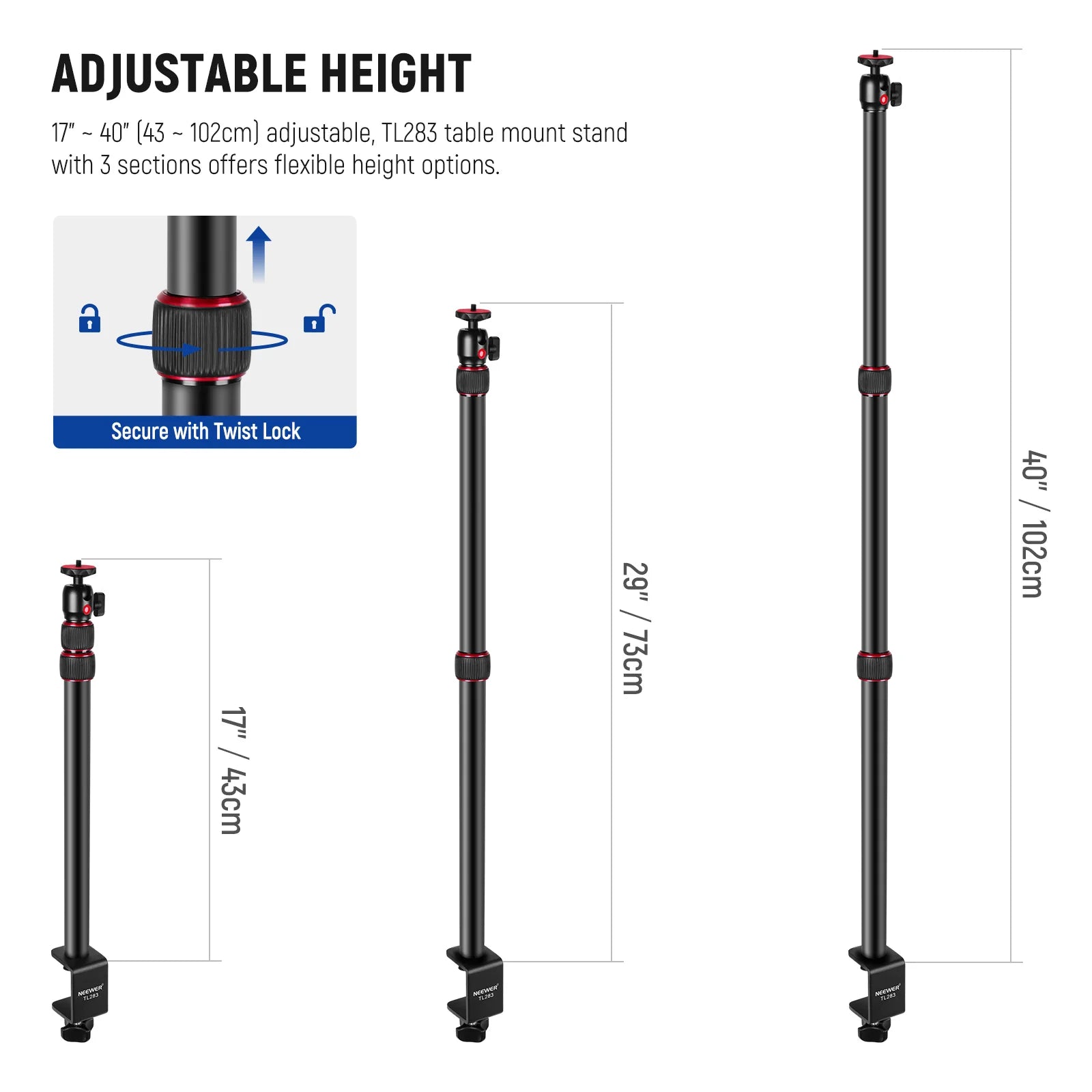NEEWER TL283 Metal Desk Mount Stand with Ball Head & 1/4" Screw with Cell Phone Clip