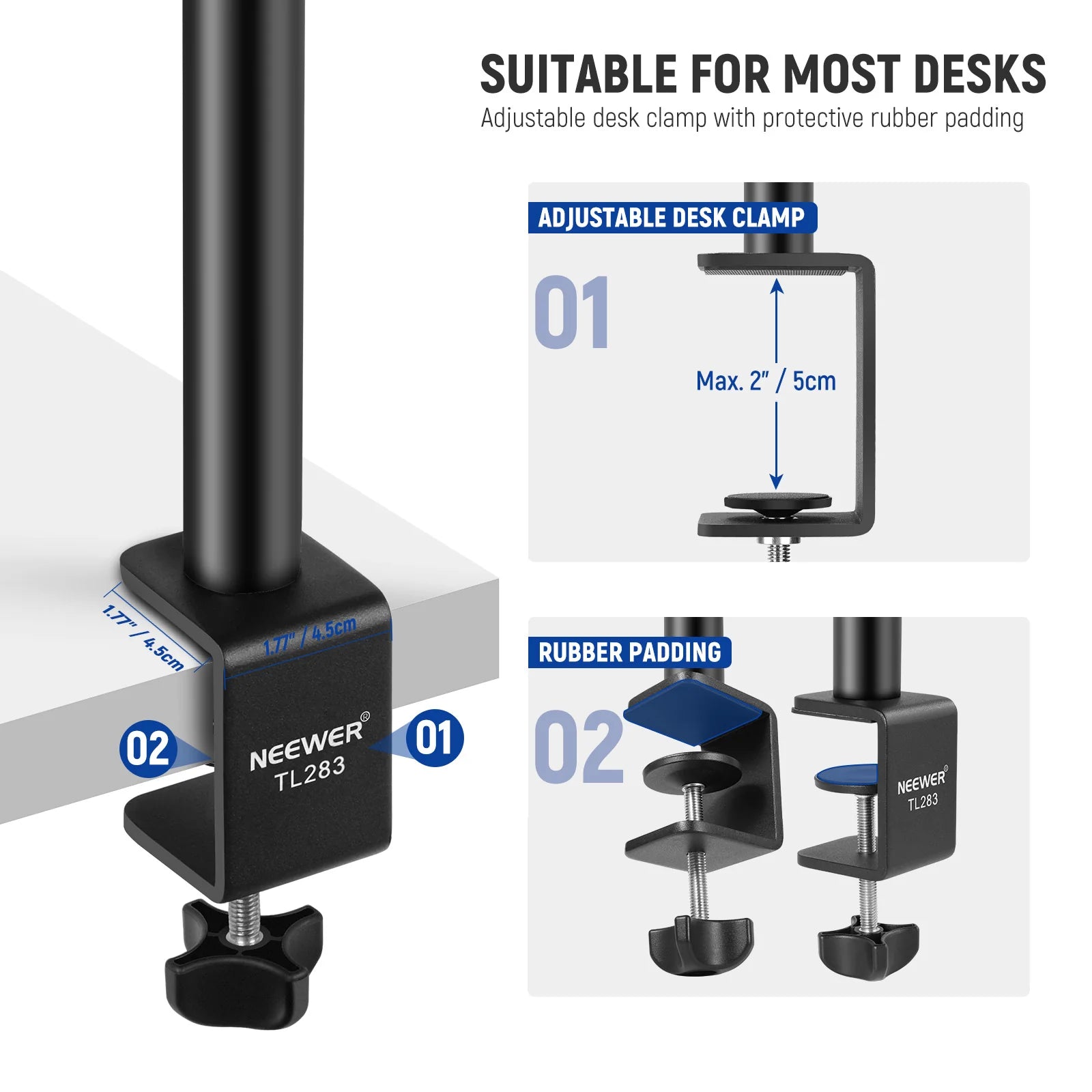 NEEWER TL283 Metal Desk Mount Stand with Ball Head & 1/4" Screw with Cell Phone Clip