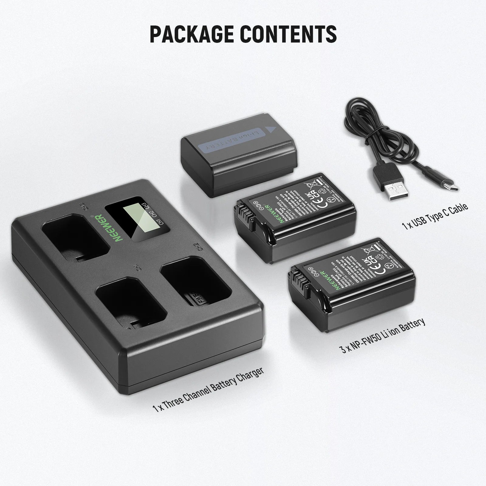 NEEWER 3 Pcs 1100MAH NP-FW50 Battery+trio-charger