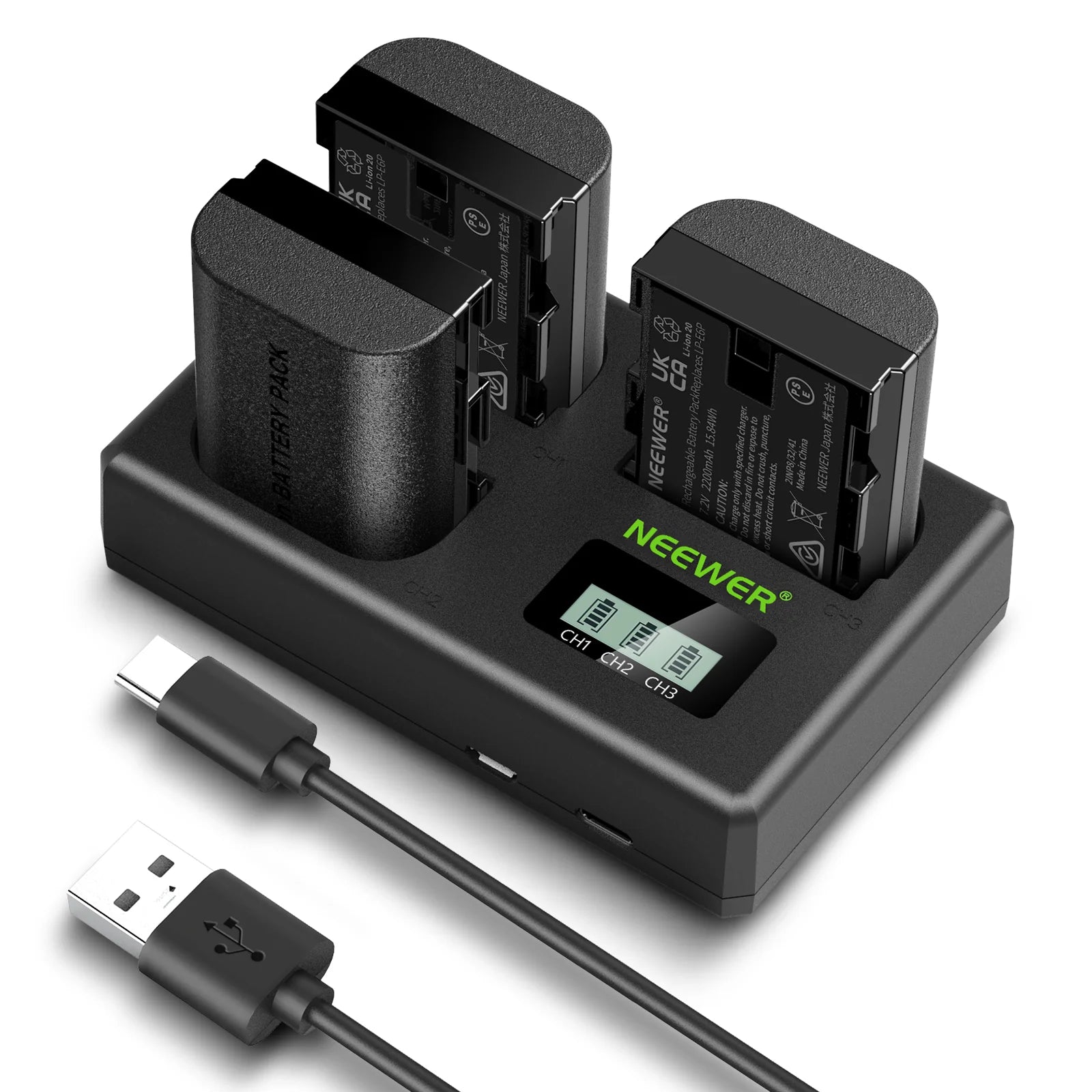 NEEWER 3 Pcs 2250 Mah LP-E6NH Battery+trio-charger