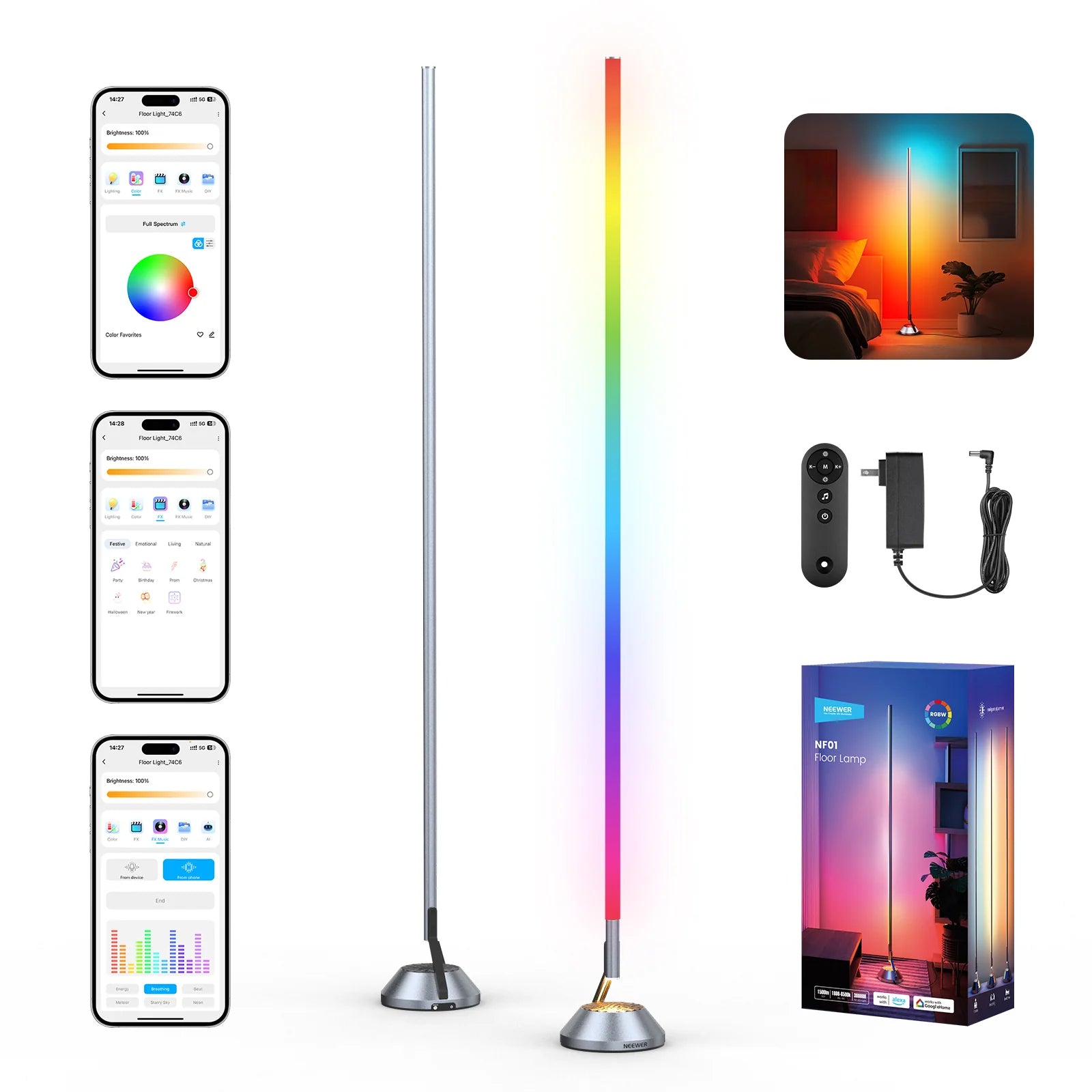 Neewer NF01 Floor Lamp RGBic LED Corner Lamp Works with Alexa 1500 Lume